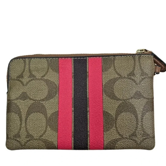 Coach Varsity Large Wristlet Khaki Pink Ruby Stripe Signature C Canvas - Picture 4 of 5